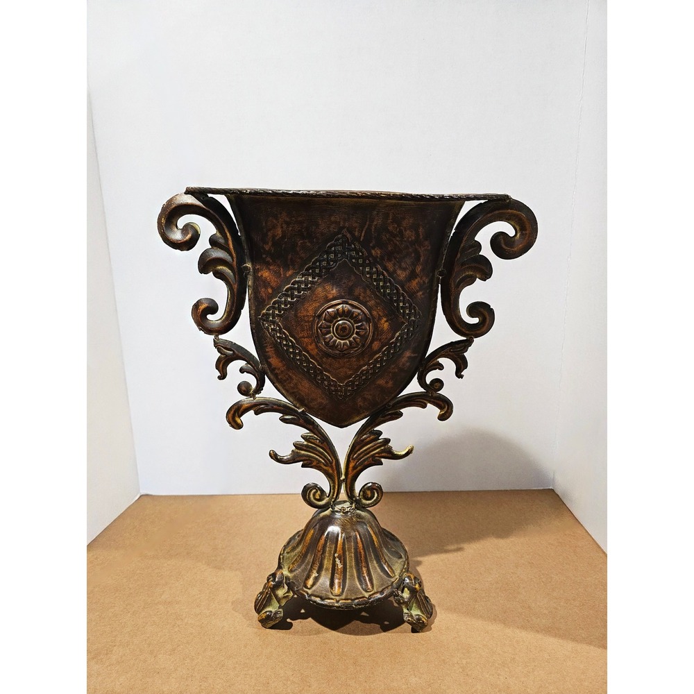 Ornate Bronze Metal Wall Pocket Urn Planter Scrollwork Shield Design Flat Back